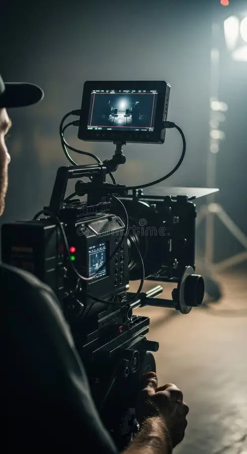 Caméra de cinéma avec moniteur et accessoires, sur un plateau éclairé en contre-jour.