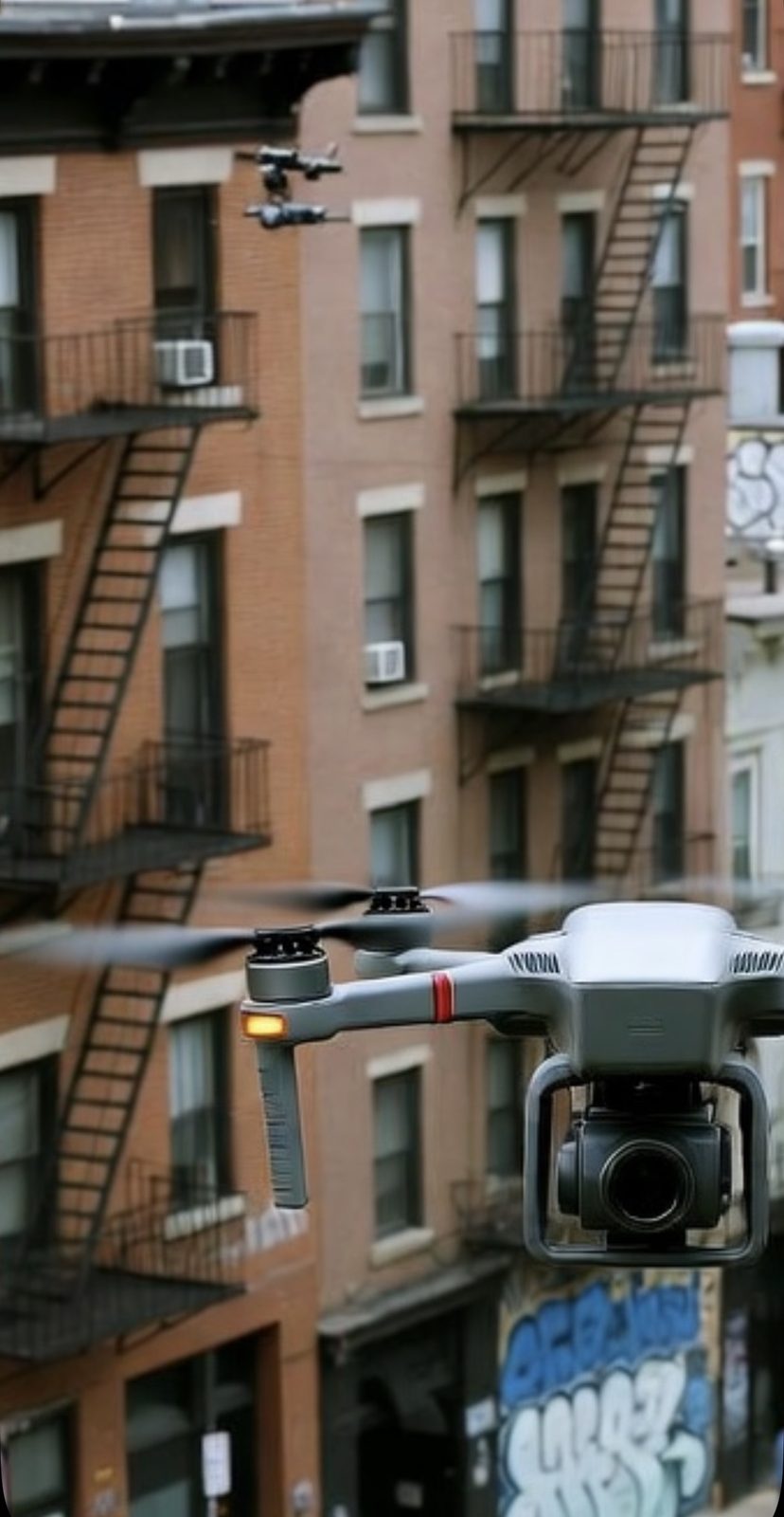 Drone blanc équipé d'une caméra, en vol devant un immeuble de briques aux escaliers de secours et aux murs graffités.