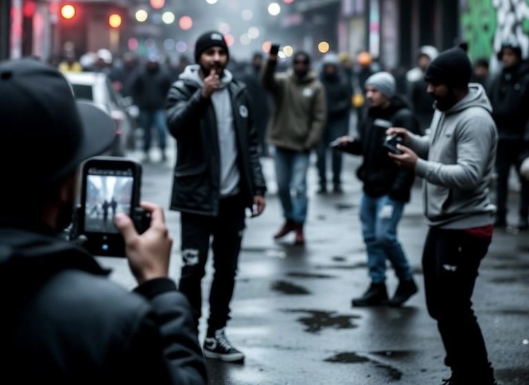 Un téléphone filme un groupe de rappeurs dans une rue mouillée par la pluie.
