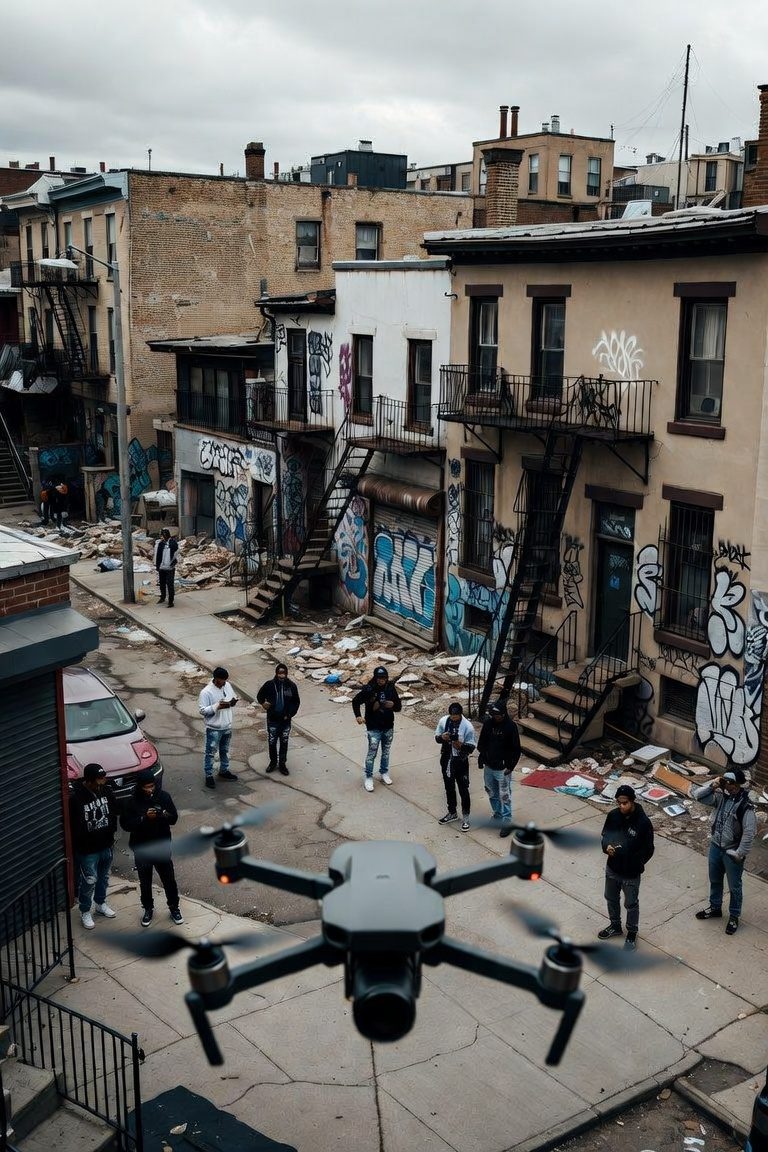 Un drone survole un groupe de personnes dans une cour entourée d'immeubles graffités.