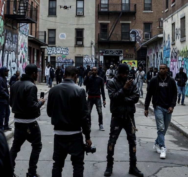 Un drone survole une foule vêtue de noir dans une rue couverte de graffitis.