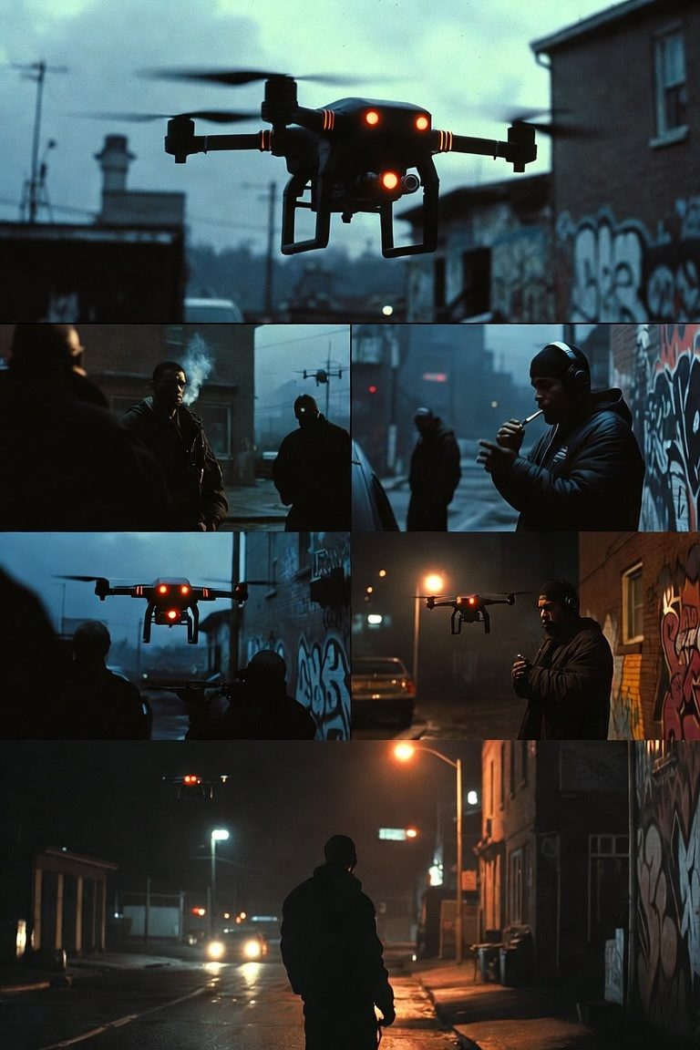 Montage nocturne : des drones en vol et des silhouettes dans des rues et des ruelles urbaines éclairées par les lampadaires.