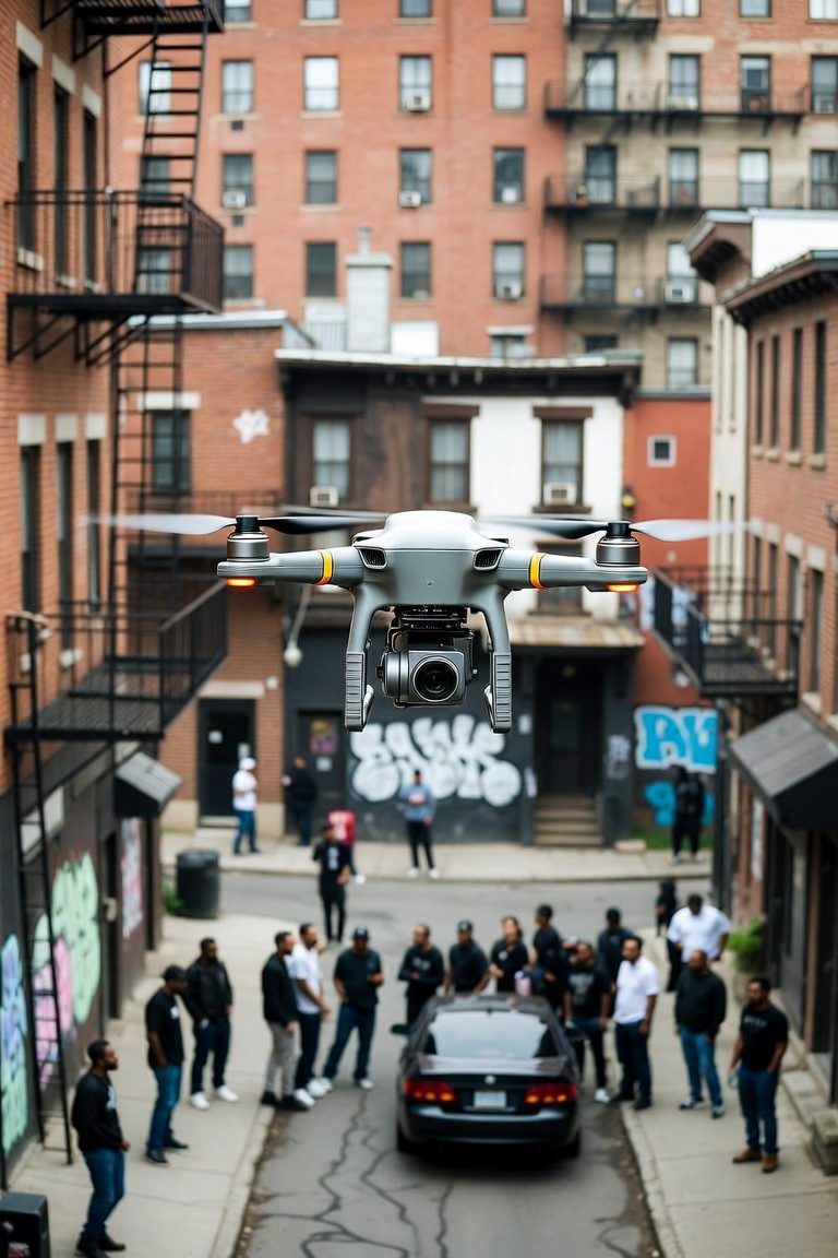 Un drone survole une foule et une voiture dans une ruelle bordée d'immeubles de briques.