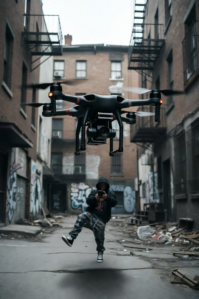 Un drone en vol et un pilote en capuchon dans une ruelle graffitée.