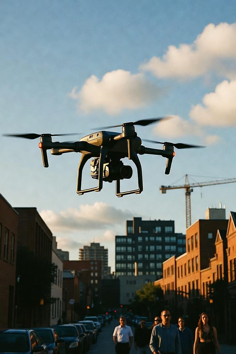 Un drone se découpe sur un ciel bleu au-dessus de la ville, au coucher du soleil.