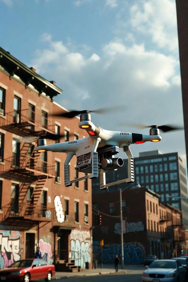 Drone blanc en vol devant des immeubles de briques, sous un ciel bleu.