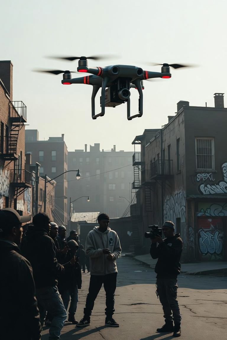 Un drone survole une équipe et un caméraman dans une rue brumeuse.