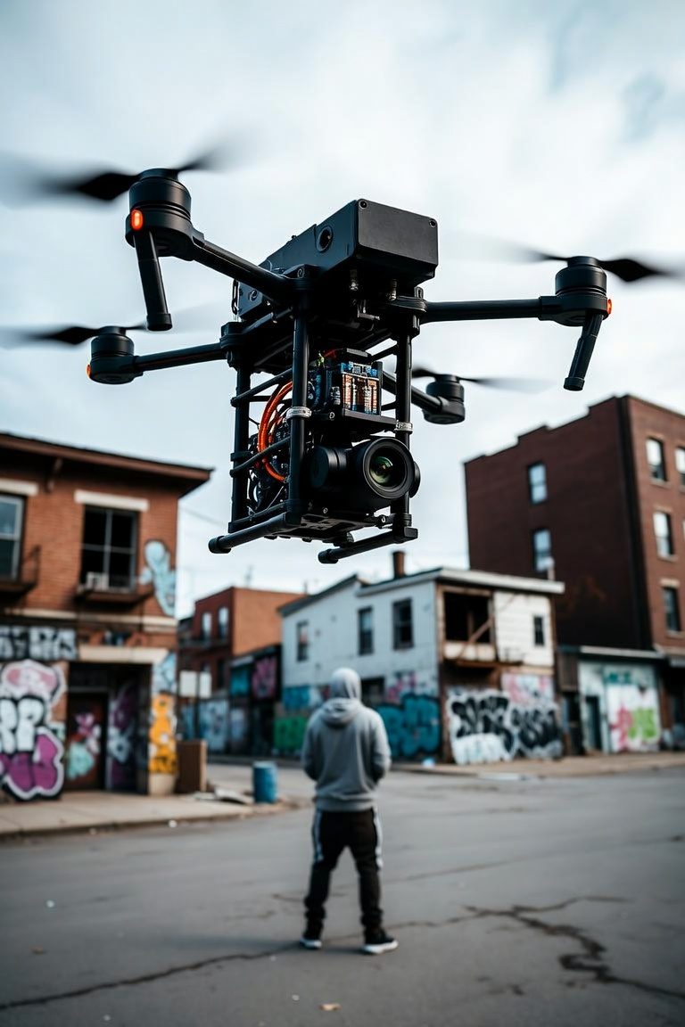 Un grand drone noir en vol au-dessus d'un homme en capuchon, dans une rue graffitée.