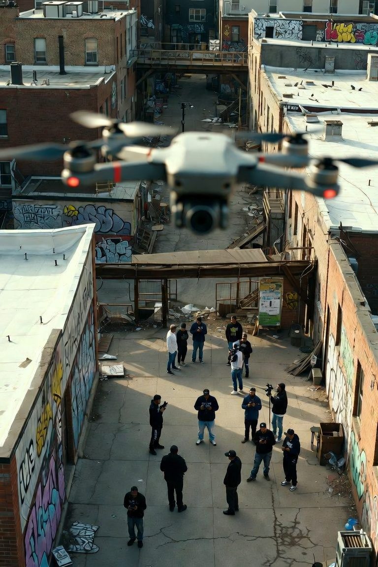 Vue aérienne d'une équipe rassemblée dans une cour couverte de graffitis.