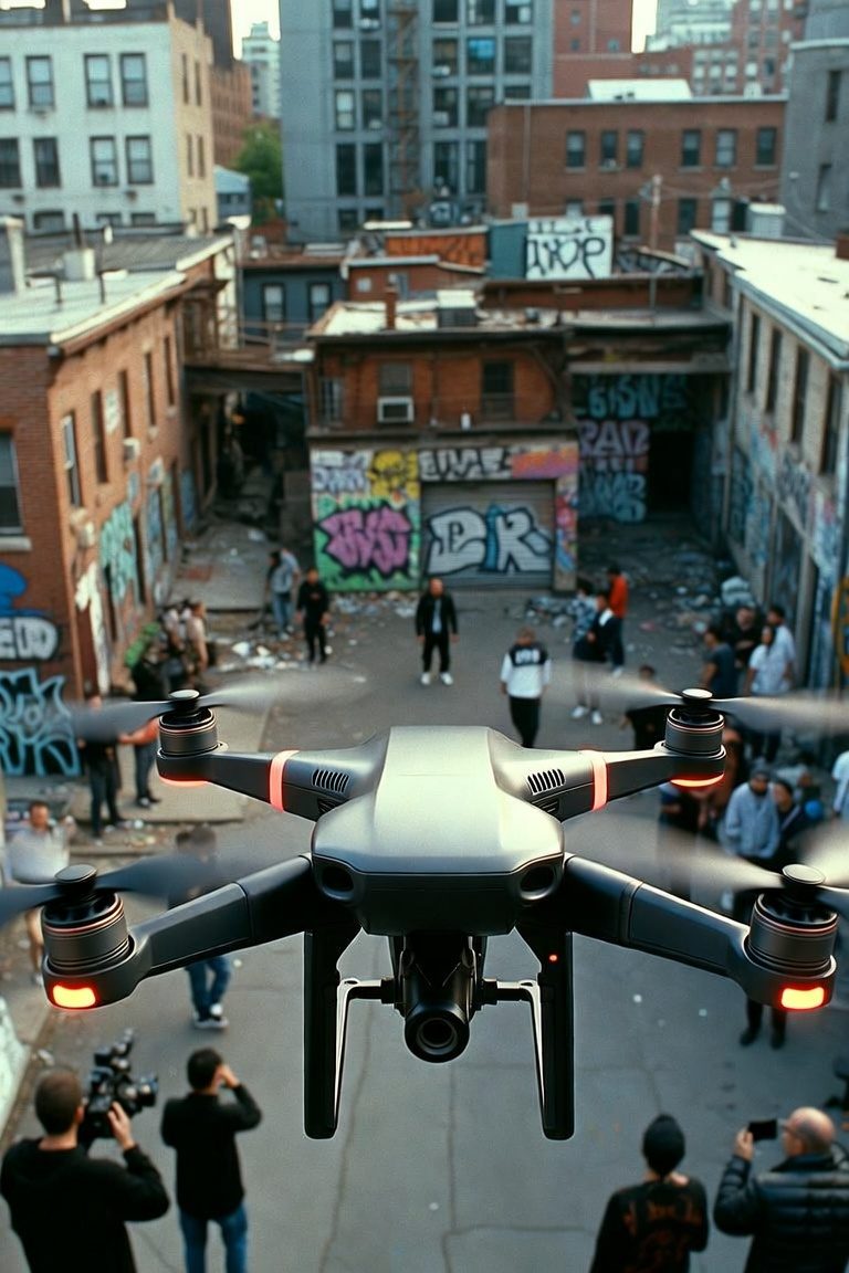Gros plan d'un drone en vol au-dessus d'une foule et de caméramans.