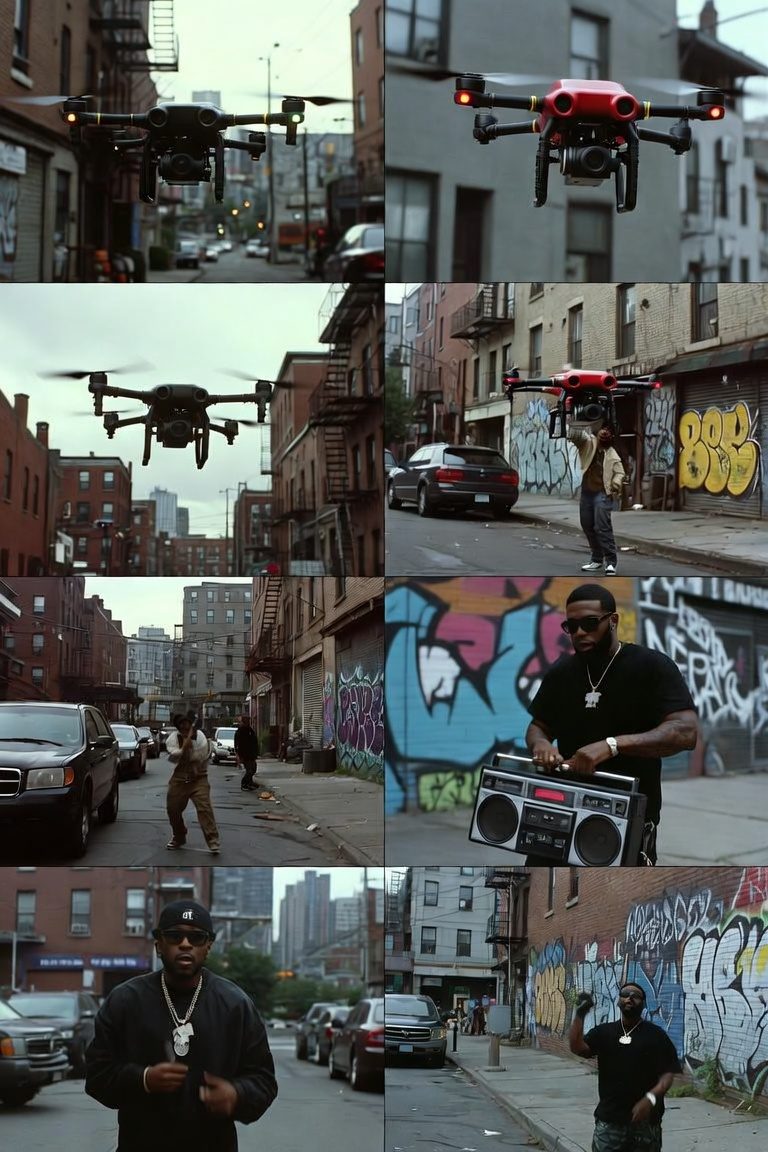 Montage de huit images : des drones en vol, un radiocassette et des rappeurs dans des rues graffitées.