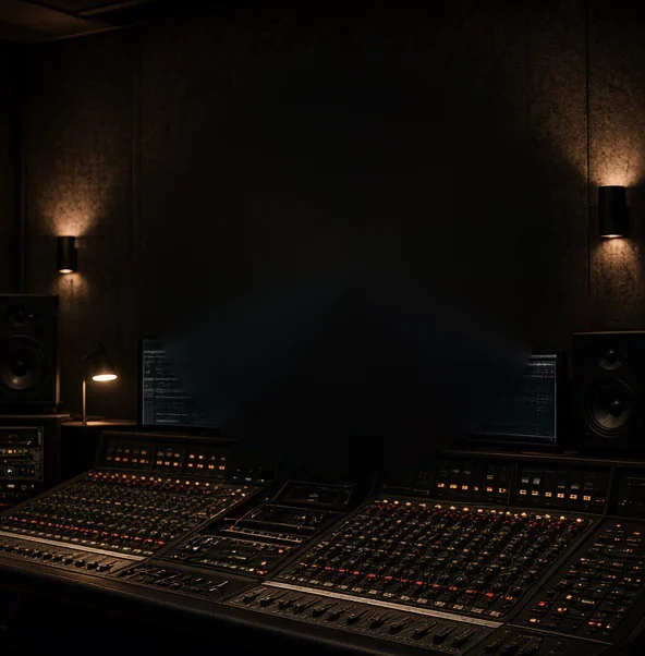 Disque mi-cerveau blanc, mi-œil rouge, traversé d’une onde sonore, au-dessus d’une console de mixage dans un studio sombre.