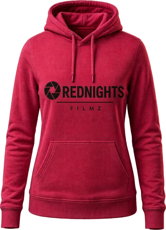 Maquette : hoodie ajusté framboise à cordons avec le logo Red Nights Filmz noir.