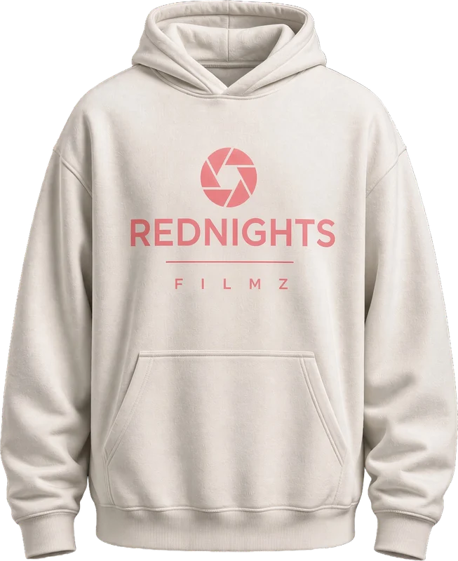 Maquette : hoodie crème avec le logo Red Nights Filmz corail.