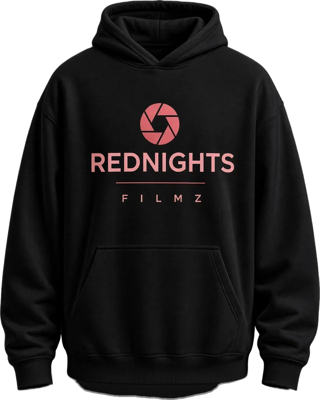 Maquette : hoodie noir avec le logo Red Nights Filmz corail.