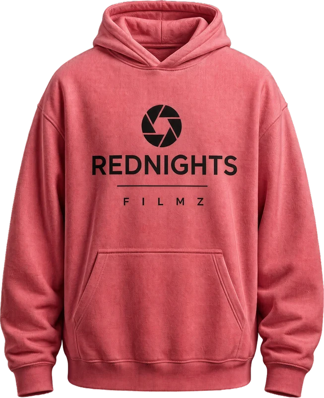 Maquette : hoodie corail avec le logo Red Nights Filmz noir.