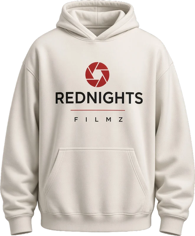 Maquette : hoodie crème avec un grand logo Red Nights Filmz rouge et noir centré sur la poitrine.