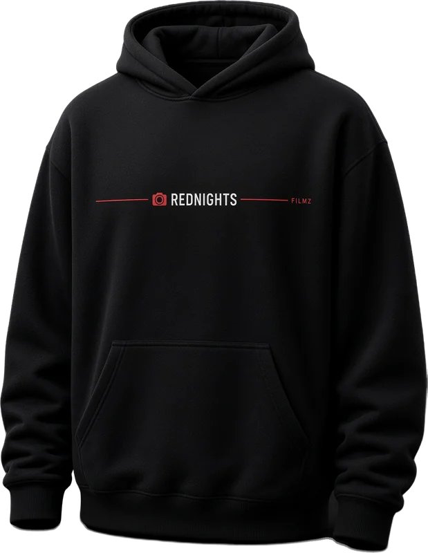 Maquette : hoodie noir traversé d'une ligne rouge avec le logo Red Nights Filmz sur la poitrine.