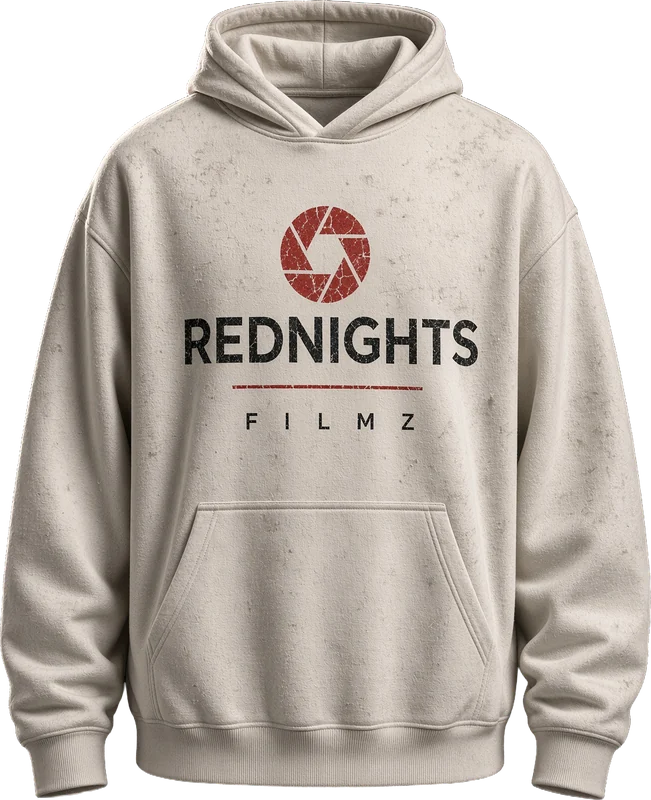 Maquette : hoodie crème délavé style vintage avec un logo Red Nights Filmz rouge craquelé.