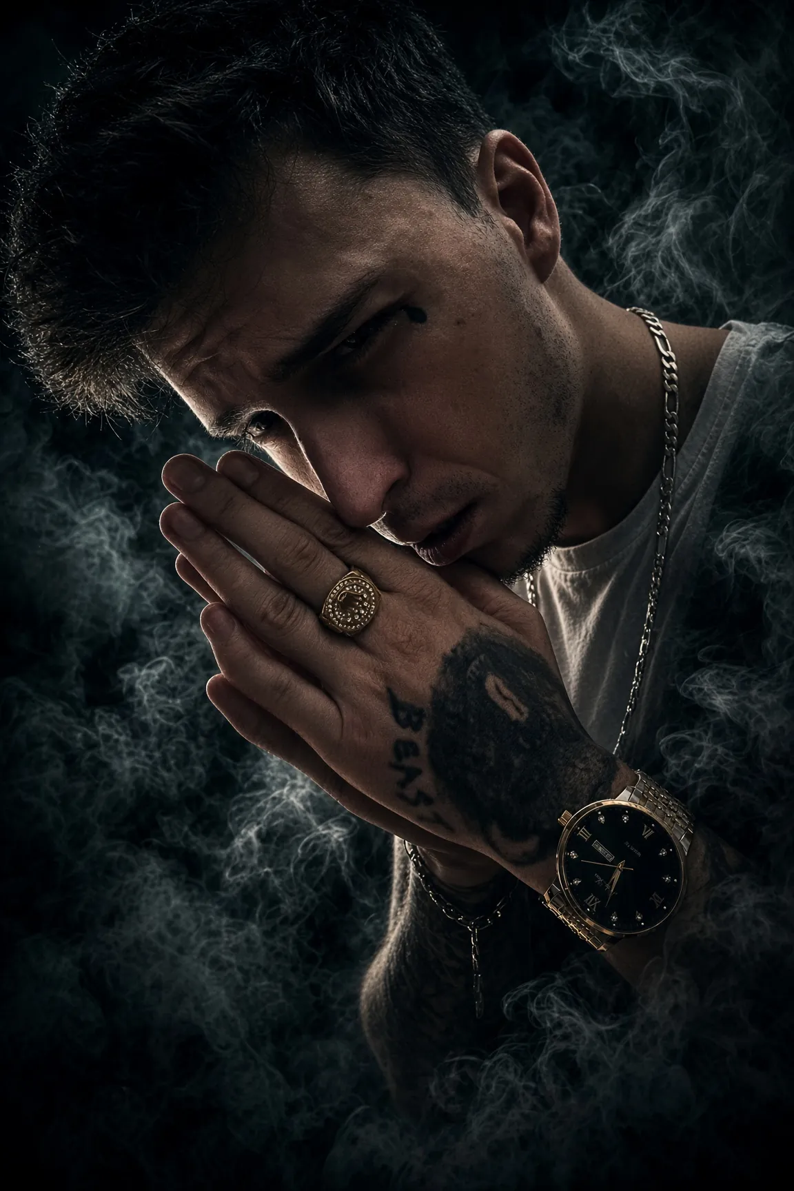 Portrait de Steevo Dinero sur fond noir enfumé, les mains jointes devant le visage, bague et montre dorées, chaîne au cou.